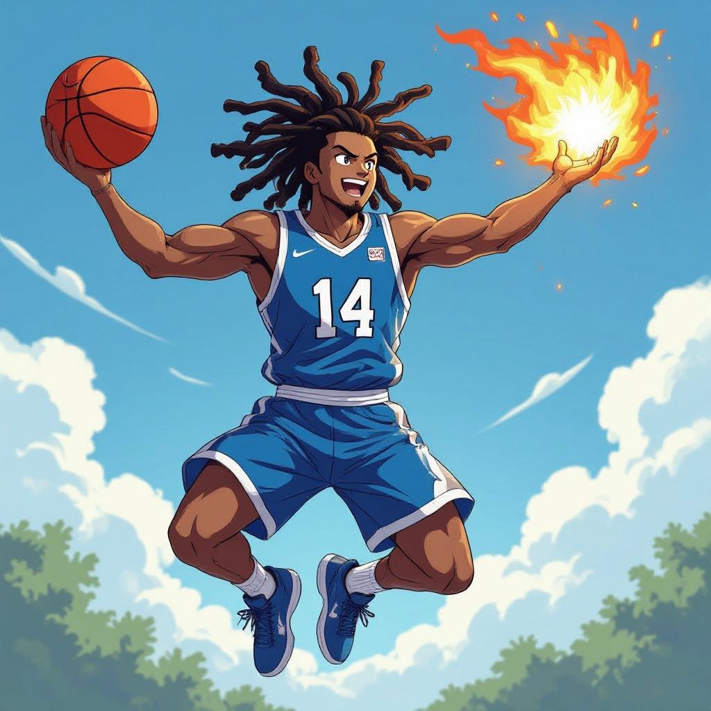 My character is a muscular guy with 12 big dreadlocks and Blue Basketball jersey with the number 14 and he is jumping high in the air with a ball made of fire