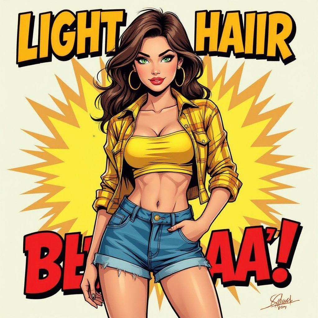 Light brown hair babe in denim mini skirt overalls and tube top. Green eyes Yellow unbuttoned flannel 