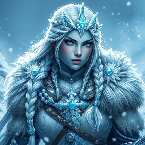 Create a character head to toe showing the whole character: Alvara the Frostheart – A tall, battle-hardened woman with pale, icy-blue skin that glimmers like frost in the sun. Her long silver hair flows in braids tipped with frozen beads. She wears heavy, fur-lined armor made from the hides of snow beasts. Her eyes glow faint blue. A frost-shaped crown rests lightly on her head.