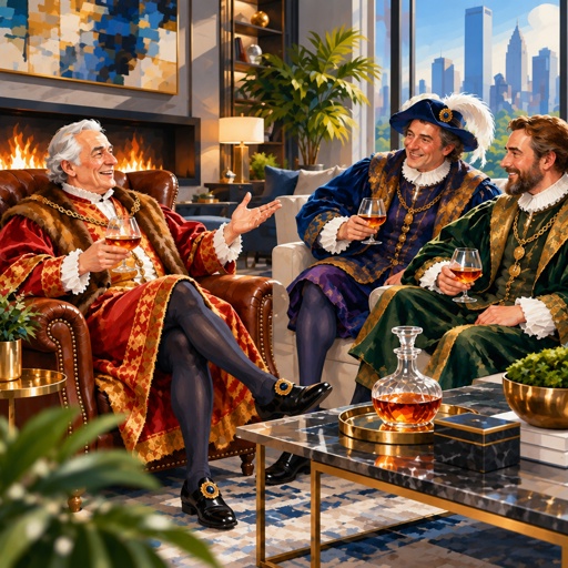 a painting of three people sitting in a living room