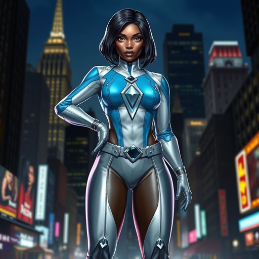 African American female superhero with hair in a shoulder length side part hairstyle with pure Glowing eyes wearing a leather light blue white and silver suit with light blue pants and silver boots and a silver diamond within a black hole as her chest emblem in Philadelphia
