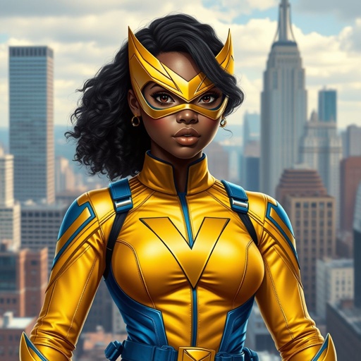 A teenage African American female superhero wearing a domino style mask with slightly curly hair in a shoulder length side part style wearing a polyester and leather gold suit with blue accents gold pants and a stylized V as her chest emblem a utility belt and blue boot heel less standing in Philadelphia