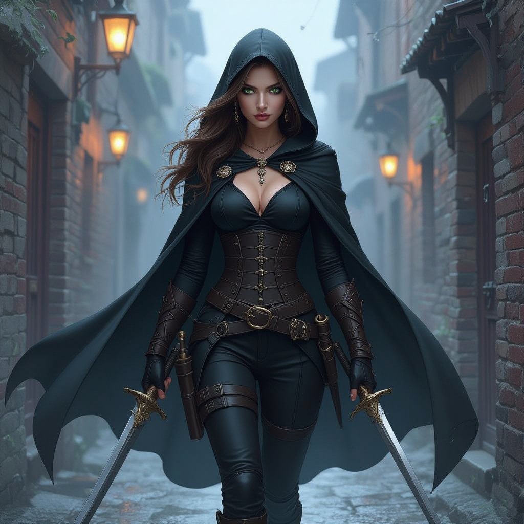 Human woman. Brown long hair and green big eyes. She wears a black cape. A tight black blouse and black pants. She has a belt on which he carries daggers and swords. She wears high, heavy boots. She carries a short sword. She has a long sword on his back. She wears a hood. It's night. A dark alley. The screen is from below. A woman approaches us. A cold expression appears on her face. An amber necklace gleams around her neck. She wearing black armor. The woman is pale. She has a delicate beauty. Her eyes are painted black. She looks menacing.