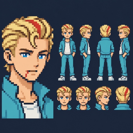Male, blonde greased brushed back hair, curl on forehead, red streak in hair, scar on lip, blue eyes, slim, designer, cyan casual clothes,