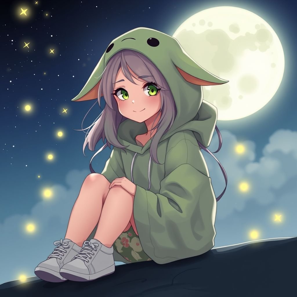 A teenage girl dressed as baby yoda sitting on a hill at midnight