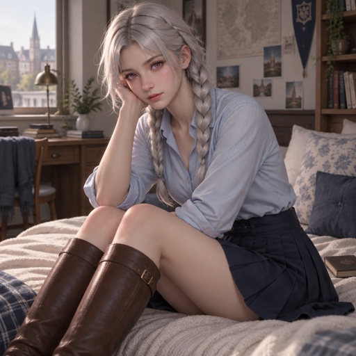 Young woman, silver hair- braided into two braids, pink eyes, light blue shirt, dark blue Skirt, brown boots reaching to her knees