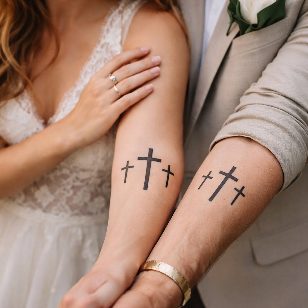 husband and wife tattoos 3 cross’s wedding rings on fingers