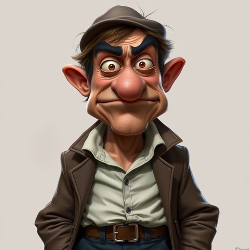 Create a character who is a goofy looking detective, who is confident. But funny looking and grouchy . With cool shoes on.