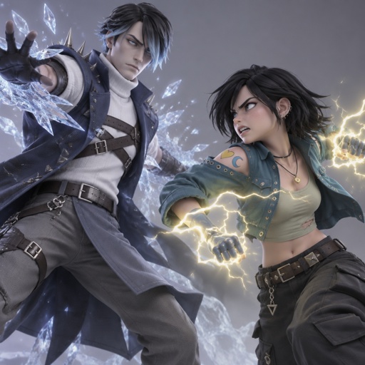 Male, pale, pale blue eyes, eye bags, short dark grey choppy hair with light blue tips hair covering one eye, white turtle neck long sleeves , blue sleeveless short trench coat, long fingerless gloves, grey pants, belts across chest, spiked on shoulders, 35, clean shaven, no emotion, ice powers,  Female, teen, freckles, dark green eyes, cyan ray shadow, ear piercings, angry, choppy black neck length messy hair, bangs on one side of face, cyan jacket with shoulder holes, light green crop top, yellow heart tattoo with a blue moon inside on shoulder, baggy pants, belt with dark and light green triangles, gold necklace, lightning powers, fighting the other, father and daughter 