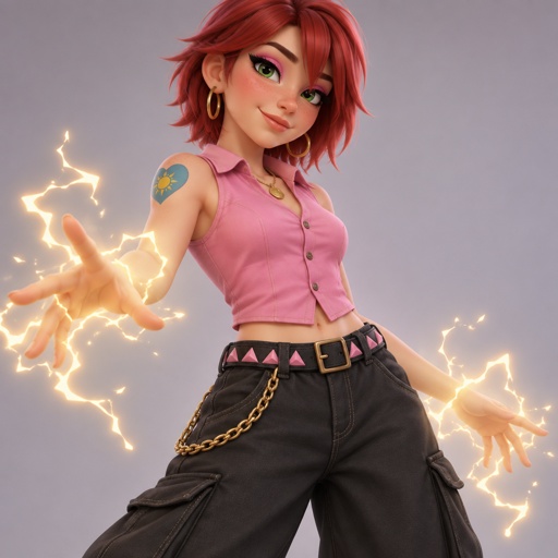 Female, teen, freckles, dark green eyes, hot pink eye shadow, hoop earrings, smiling , choppy red neck length hair, bangs on one side of face, sleeveless button up pink shirt, blue heart tattoo with a yellow sun inside on shoulder, baggy pants with gold chain, belt with dark and light pink triangles, gold necklace, lightning powers