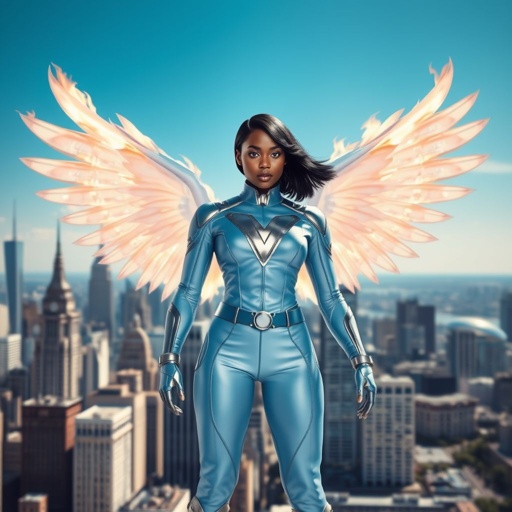 African American female superhero with hair in a shoulder length side part hairstyle with pure white eyes wearing a leather slightly armored light blue and silver suit with light blue pants and silver boots and a V as her chest emblem with wings made of white fire standing in Philadelphia during the day