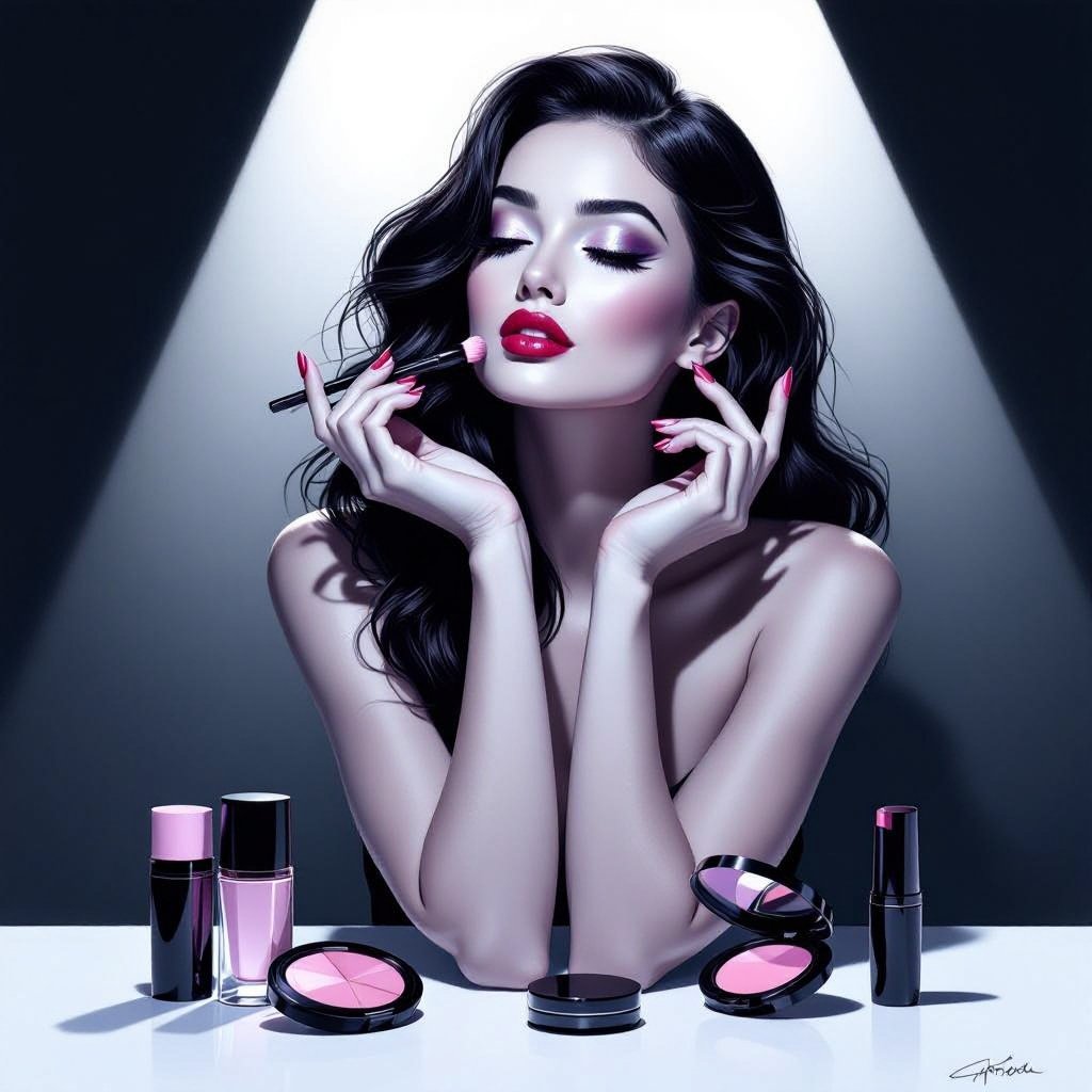 Create a character showing there whole body head to toe, a lady who loves beauty products