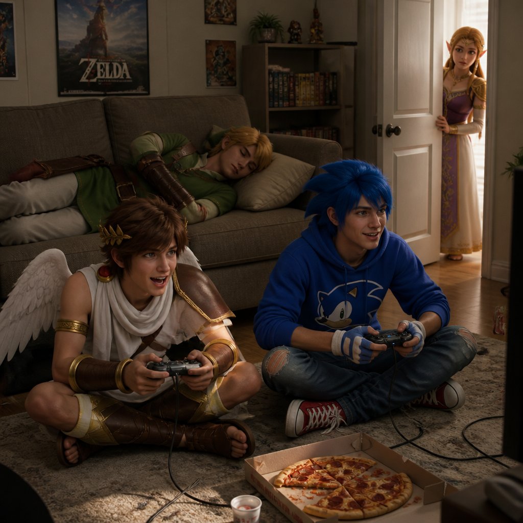 Super smash brothers link from legend of Zelda, pit from kid Icarus, and sonic the hedgehog as a human, there in a living room link is asleep passed out on the couch, while pit and sonic are playing a video game on the floor, pizza on the floor in the box,Zelda peeking through the door and says “guys it’s 1:00 in the morning Sonic saying to pit “you’re to slow” and pit says back “stop using your catchphrase”