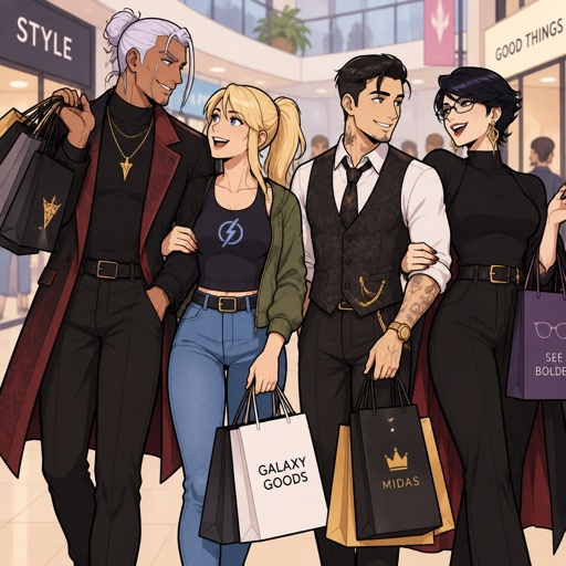 Kado Thorne from Fortnite white hair medium length back hair bun clean shaven pale skin, Samus Aran zero suit, Midas from Fortnite not gold skin clean shaven, Bayonetta from super smash bros short hair, all shopping in a mall, all wearing casual clothes, double date 