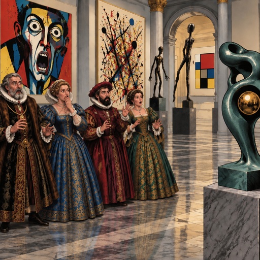 a group of people standing next to each other in front of paintings