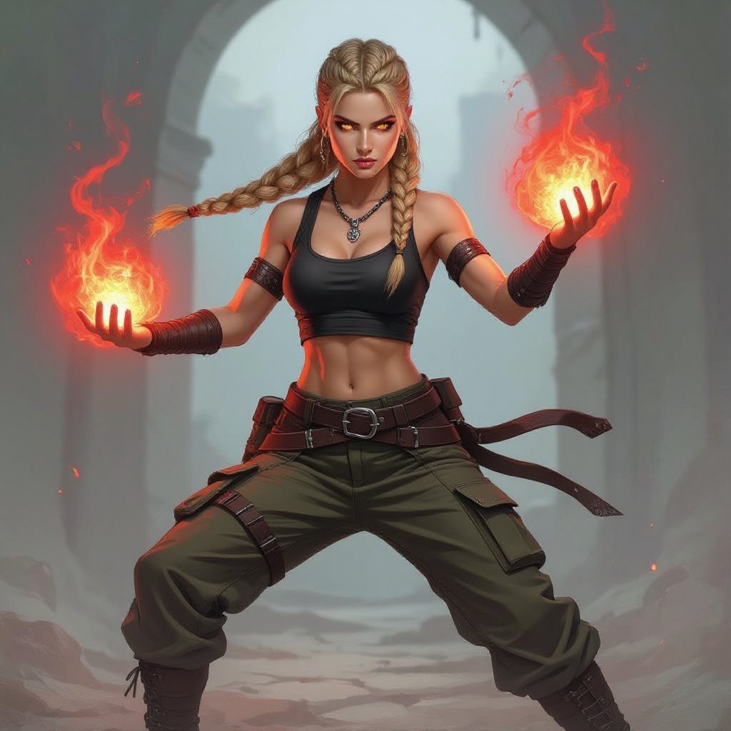 A 20 year old female with medium length blond hair half up in Viking style braids, amber coloured eyes, wearing a black crop tank top and army cargo pants, wearing bluntstone shoes, in a fighting pose, both hands are glowing red with power.