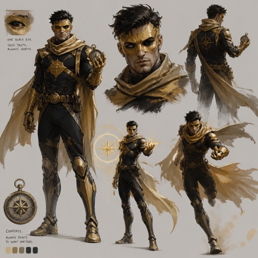Male superhero with gold abilities, mask, one black eye, compass, multiple of the same character 