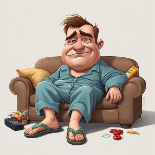 Create a adult humor character who is lazy as heck. And you could tell from his face and his entire outfit. Make is funny and the style of the graphic photographic