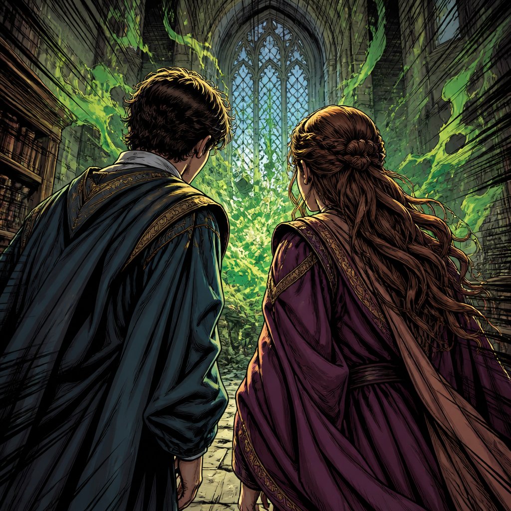 No speech bubbles, vivid colours three-quarter rear view of a couple of male and female students in their mid 20s dressed in renaissance robes with shocked expressions no speech bubbles, highly realistic we do not see their faces and they are standing very close together