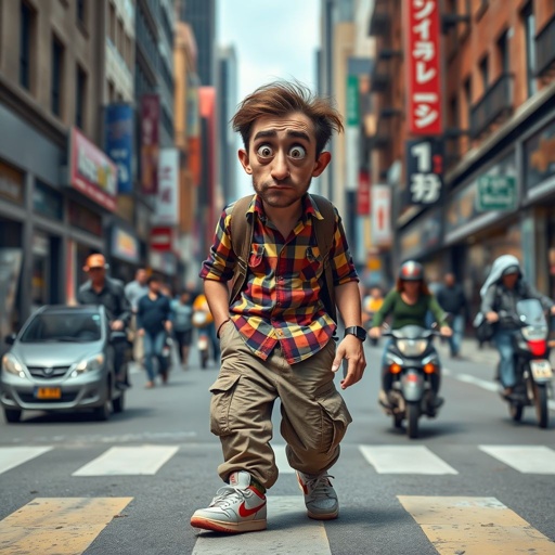 Create a funny looking paranoid man in the world, with a not so stylish outfit head to toe