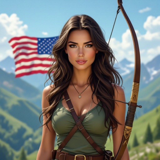 women long brown hair and brown eyes with a long bow in the mountains with the USA flag and marine flag 