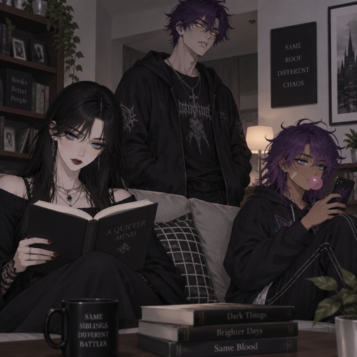 Three siblings, Female name Liz, oldest, tale, pale, beautiful, mysterious, black hair long curtain bangs style, bright blue eyes eyeliner liner,dark eye shadow,red lips, wearing jewelry, Anime style, Agent Ward male, middle child, made to be a weapon, highly skilled, emergency backup case he gets out of control, hair violet messy bun, clean shaven, night vision eyes no goggles, sharp teeth, dark power, tall, intimidating, he's used as an emergence backup weapon, Female Ann, youngest sibling, medium hight pale, tan, blue eyes, vivid purple dim hair in a messy bun her front hair is swooped down in her right side,all in the living room Liz reading a book,Ann looking at her phone while blowing bubble gum,ward standing looking bored 