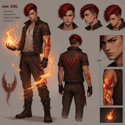 Young man,red hair that is swooped over to the left side and a little longer ,brown eyes,intense eyes,left eye brow is shaved in middle,wears sleeves shirt and sleeves brown jacket,brown pants,fingerless gloves and boots,can use fire power,a tattoo of a phenix with the color of fire,related to the super hero family called the fire phenix family,has a scar on lips 