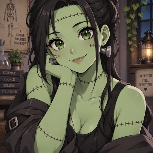 Frankenstein woman, monster,try to look friendly