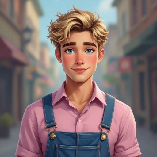 Half British, half Latino, chubby cheeks (not fat) no beard, no blush looks a feminine, frail figure, buttoned up shirt 18-years old male, Blonde hair, blue eyes, ring around eye heterochromia, pink shirt, blue overalls 