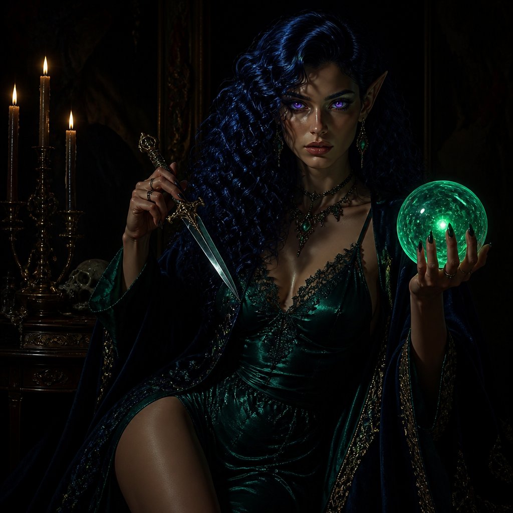 Female Elf with ghostly pale skin, she has large breasts, she has large thighs and wide hips, she’s about 6 foot tall, she has a perfect hourglass figure, she has glowing violet eyes, she has midnight blue hair, her hair is very curly, her hair length comes to just below her breasts, she has a brand in between her breasts of a digit that is an eye with three dots above it and three triangles below it and there’s a circle around it, she’s an adventurer from DnD so she has a leather satchel around her waist, she wears golden arm bangles like a gypsy, she has a golden anklet on, she has a golden heart shaped locket necklace on, she has very sharp but feminine facial features, she has a stern demeanor but not mean, she has very many golden hoop piercings all the way up her ears, she has a golden septum ring with an emerald gem in the center of it, she wears a lace and silk slip that is emerald green and it is ankle length but has a slit up the left leg that comes to the top of her thigh, she has a tattoo of a snake that starts at her ankle and wraps up and around her left leg, she has a black velvet cloak that is hooded and has golden clasps with a chain in the front around the neck area, she holds an ornate ritual dagger that’s bejeweled with blood red garnets, she has a pack of tarot cards in a leather hip pouch, she also holds a mystical neon green crystal ball