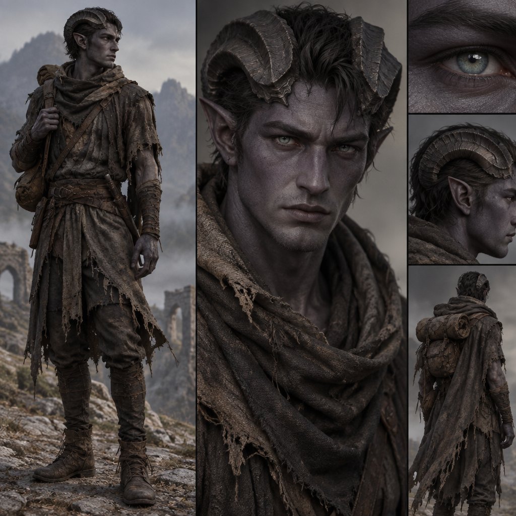 Tiefling - Raggedly clothed, lone nomad, dark grey skin with dull violet tones - eyes grey/green flecked with blue - appx. 6'1" lean and muscular - horns are similar to a young ram but tight against the head and almost forming a helm in appearance - no tail -
