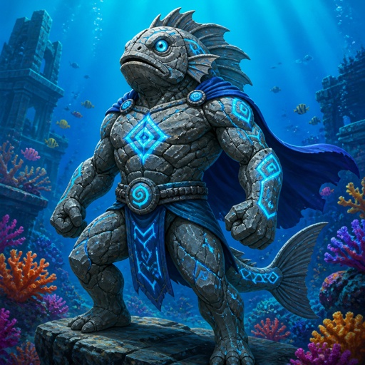 He name is stone-face, he is a stone fish, transformed into a superhero to help stop extinction of marine life. He has that stone like body 