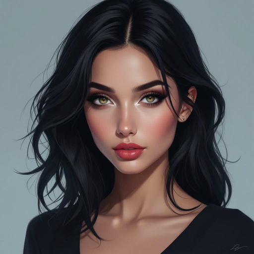 Create mysterious woman jet-black hair is cut sharpand her eyes seem to pierce through darkness. A shadowy aura clings to her form,