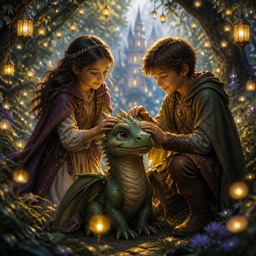 Mädchen und junge mit einem grünen Drachen 