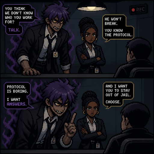 Anime style, Agent Ward a male, made in a secret lab to be best weapon and good at everything, highly skilled, be kept in check and have an emergency backup in case he gets out of control, Wards hair a messy bun hair color violet, is clean shaven, yellow night vision eyes, sharp teeth, has a dark power energy from experiments, best agent, in late 20s, tired, tall, eyes sensitive to light, easily migraines, likes making jokes, mischievous and dangerous, grins, hates being told what to do, intimidating, laugh like a maniac cares about his partner ruby rose she's dark skin serious plays by the rules and firm but nice to ward them standing together ruby arguing to wards "stop being so intimidating you're going to give are suspect a hart attack!" Ward says "what I'm just making the job go faster he's fun and was very helpful " he proceeds to laugh ruby says under her breath "this isn't funny" as a comic