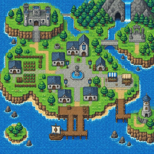 Empty village on island for a fantasy game set in modern times, exterior, top-down style,