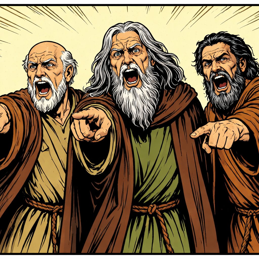 Three elderly man inexpensive Renaissance robes. They are all very old one is bold. One has long gray hair and beard. One has black hair and a beard. They’re standing one of them is pointing his finger his harm off stage all they’re looking in that direction. All are yelling. No caricature no speech bubbles.
