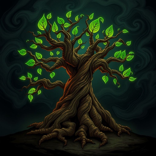 Give me a image of a dark  magic tree, with roots in the bottom