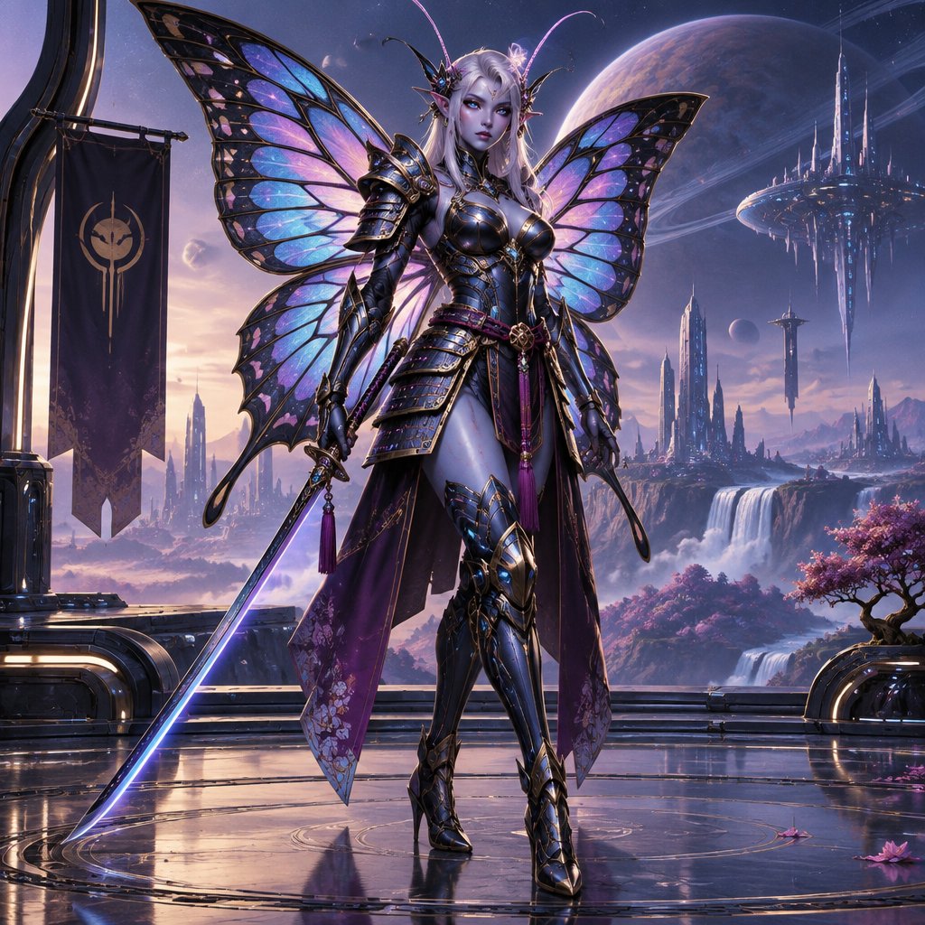 A gorgeous alien butterfly woman in a futuristic space samurai armor. Show whole body.