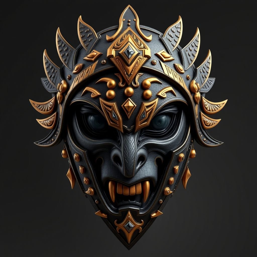 A female war mask with gold accents