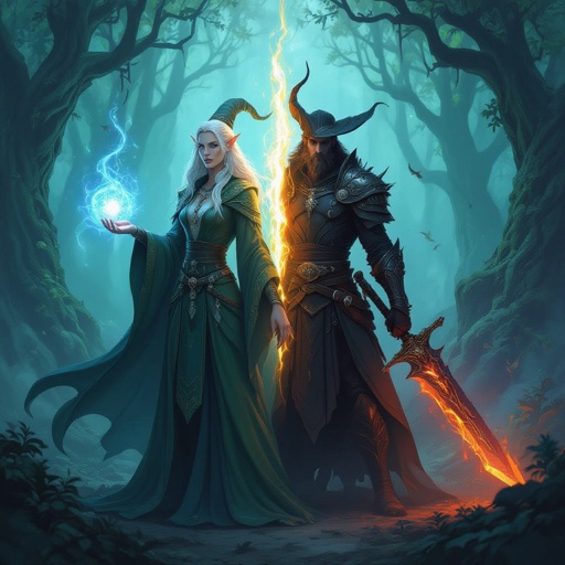 Two sides of the same High-Elf Wizard with split personality with one that’s cautious and uses intellect while being afraid of his other half Alastor who wants to be free spirited and not care what to do with a dark and evil sword