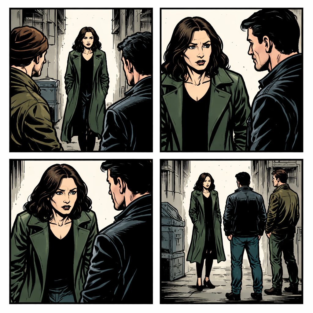 Same woman Four panels. White background. No speech bubbles. A mysterious woman. She is not a wealthy party speaking with two men long shot no cuteness serious and refined.