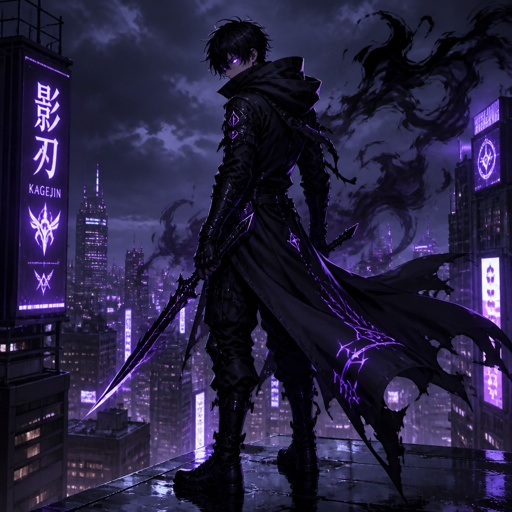 Create an original anime-style male Shadow Assassin, around 18–20 years old, tall, lean and athletic, with messy jet-black hair and glowing violet eyes.  He wears a sleek all-black assassin outfit with a long hooded coat, layered tactical fabric, lightweight black armor, gloves, and silent combat boots. Subtle dark-purple patterns run across his clothing and glow faintly when he uses his abilities.  Dark shadows swirl around his body like smoke, forming sharp shadow blades around his hands. His face has a calm, emotionless expression that gives him a mysterious and intimidating presence.  He stands on a rooftop overlooking a massive futuristic city at midnight. Purple neon lights reflect on the wet streets below while thick fog surrounds the buildings.  Dark cinematic anime style, dramatic purple and black lighting, dynamic composition, extremely detailed clothing, sharp clean linework, atmospheric fog, powerful mysterious mood, full-body character, original character design, no existing anime character, no text, no watermark.