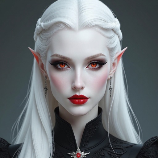 Albino vampire, woman, short skinny, extremely beautiful. The Witcher universe. White hair, white eyelashes, red eyes, no makeup, realistic, porcelain skin