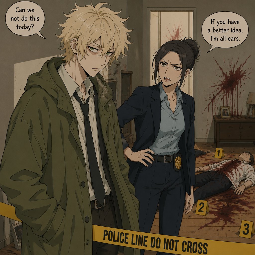 Anime style Male great detective takes his job real seriously and is really good at it in his mid 20s with medium really crazy messy light blonde hair, tall thin, tied, clean shaven, strange green eyes wearing a baggy loose mossy green jacket tired face,partner looking annoyed but also concerned for him, trying to take this case seriously, talking about crime scene what could have happened, very gruesome,person unknown, detective will do whatever he can, his parent and him get into arguments usually his partner will say "you really need some rest you can barely stand and your speaking trails off, how do you expect to finish this case with the little sleep and food you eat" detective will reply" all I need is some coffee, I can survive and I don't plan on resting till I get to the bottom of this, worrying never helps with anything"as he yawns and starts nodding off