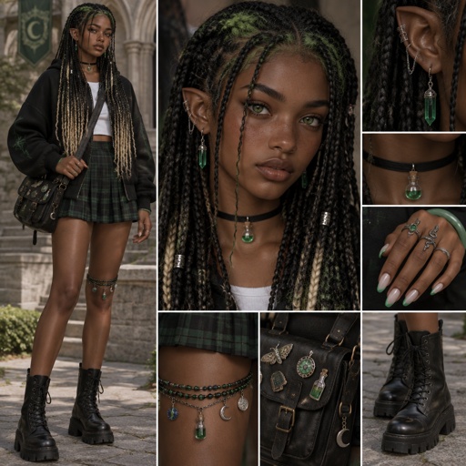 Female, 16, 5’9 tall, stitch braids that go to ankles, black hair with bleached tips and poison green creeping up the bleached tips, emerald green eyes, slightly pointed ears, green crystal drop down earrings that connect to a higher part on ear, black choker with a small green crystal potion charm, oversized black cropped hoodie with green accents, a white undershirt that isn’t see through, a black and green plaid skirt that stops 2 inches from the knees, a beefed black green and blue beaded leg bracelet with potion charms every few beads, black combat boots, a leather satchel across the body with pins fantasy pins, a jade bangle on one hand, fidget rings placed randomly on fingers, white medium almond nails with poison green French tips,