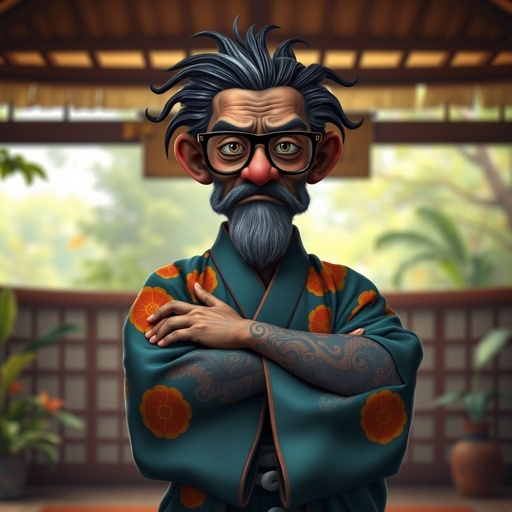 Create a funny looking African sensei. Show the whole character from head to toe and make him serious. 