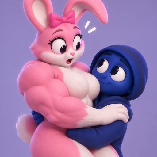 Pinki from Sprunki as her kind Wererabbit self noticing she’s getting bigger and stronger the longer she is in Jevin from Sprunkis arms