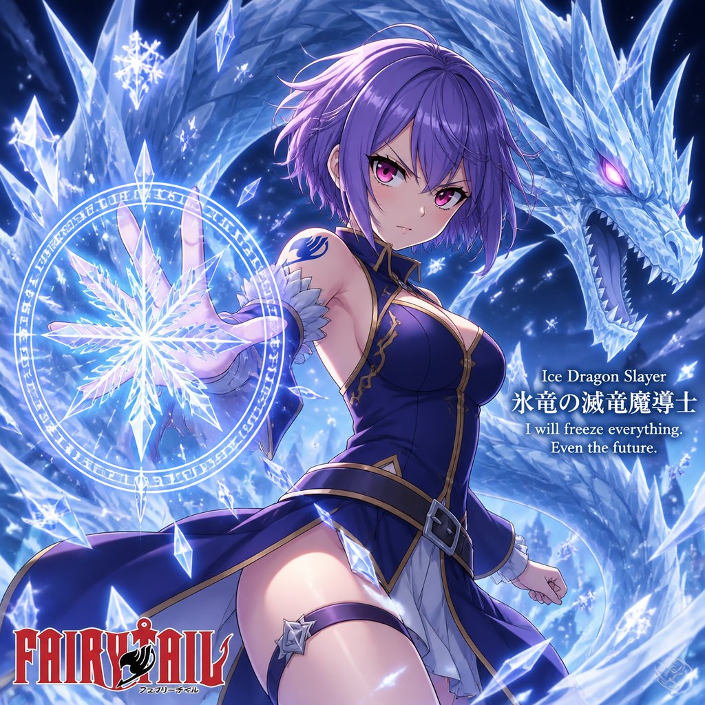 Adult girl with short violet hair and pinkish eyes with a ice dragon slayer magic from the anime fairy tail