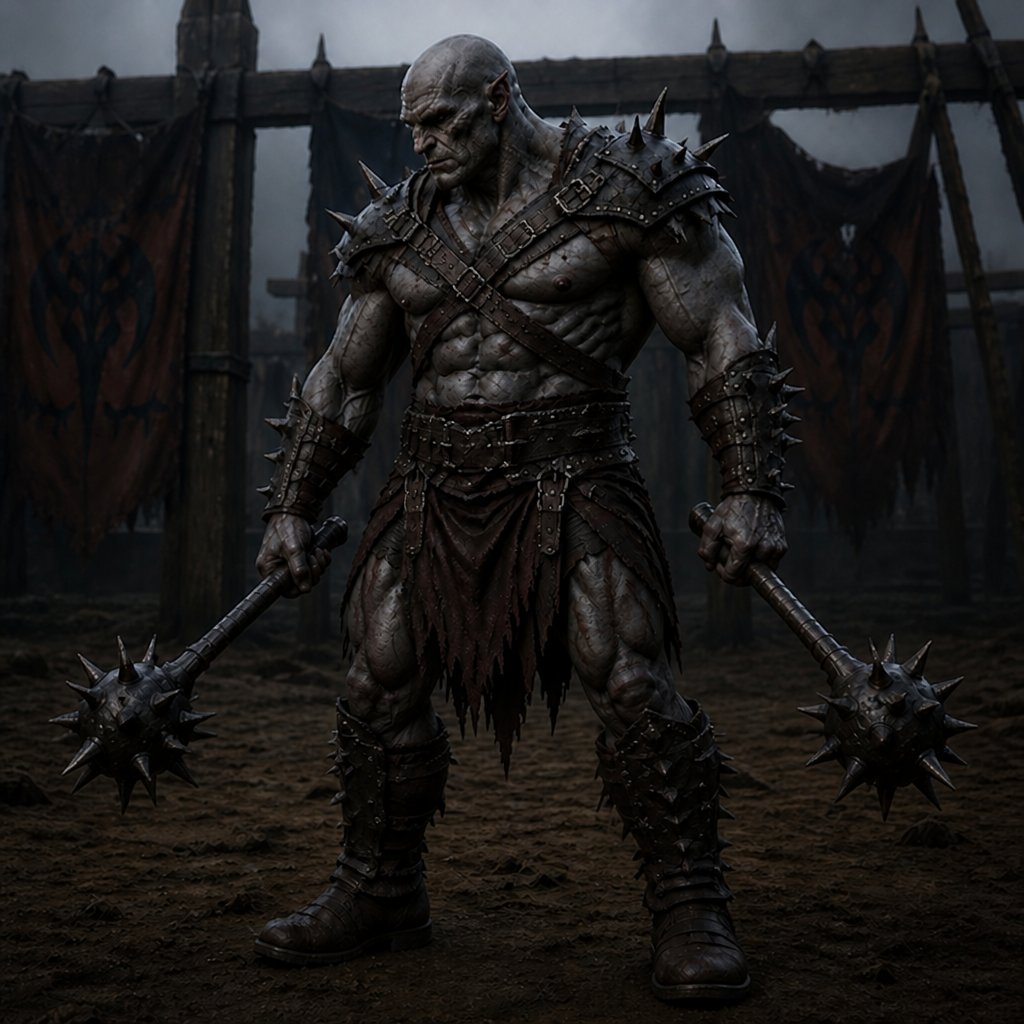 a man in armor holding two swords in front of a gate